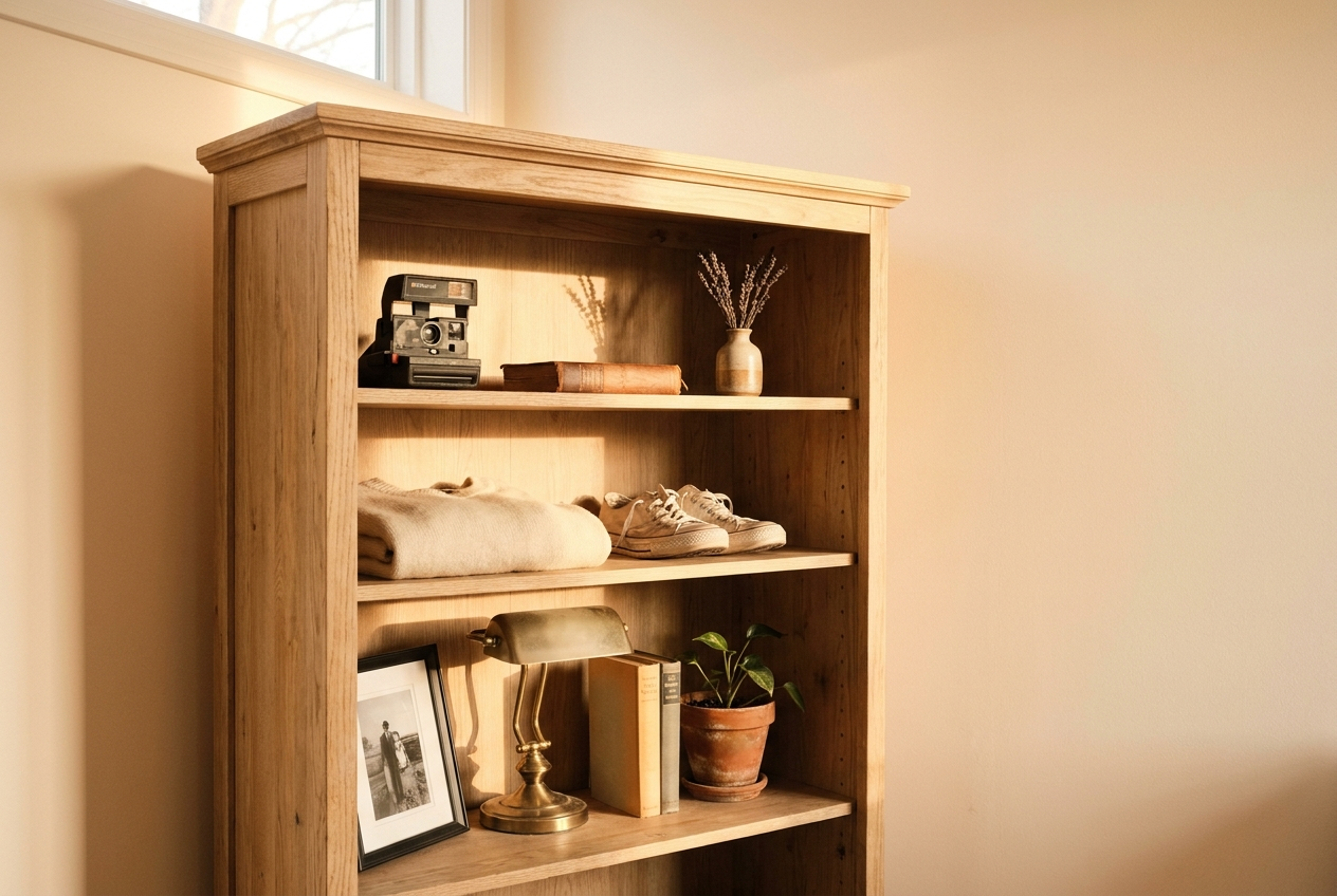 A warm wooden cabinet on a cream wall, holding a Polaroid camera, leather-bound book, dried lavender in a ceramic vase, folded sweater, canvas sneakers, brass desk lamp, framed photo, and small houseplant — softly lit from the upper left.